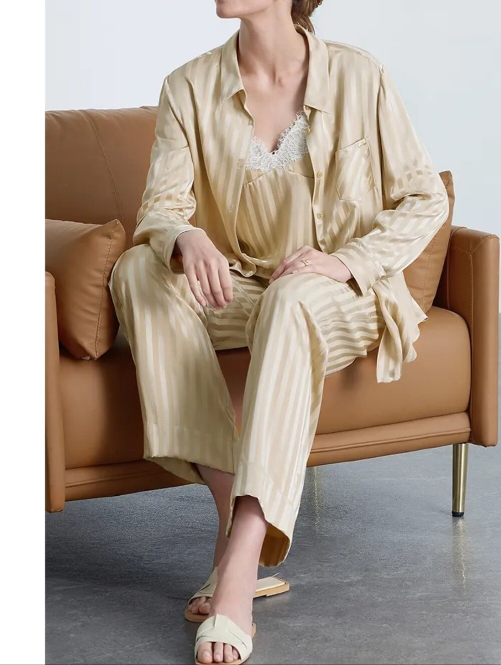 Aimer Silky Striped Pajama Set in Champagne Size Small - Picture 2 of 16